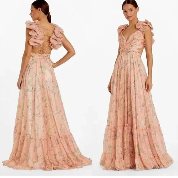 Mac Duggal Ruffle Tiered Floral Cut Out Chiffon Gown - Picture 3 of 13